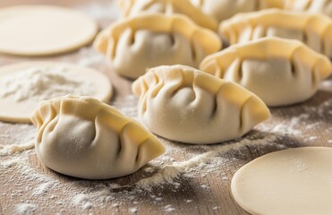 Raw Chinese Dumplings Handcrafted on Floury Wooden Surface With Neatly Folded Dough Ready for Steaming