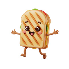 Delightful grilled sandwich character, playfully striding across a black background. Its cheerful expression and dynamic pose exude joy and create a whimsical atmosphere.
