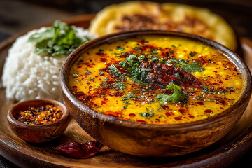 Bowl of Dal Tadka soup garnished with parsley and red chili flakes, surrounded by rice, spices and chapati.
