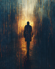 Fototapeta premium Courage concept background showing a person walking against a storm of digital code with glowing edges. Cinematic realism and heroic tone create a powerful, inspiring image.