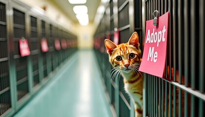Cute orange tabby cat looking curiously from its cage with adopt me sign in animal shelter 