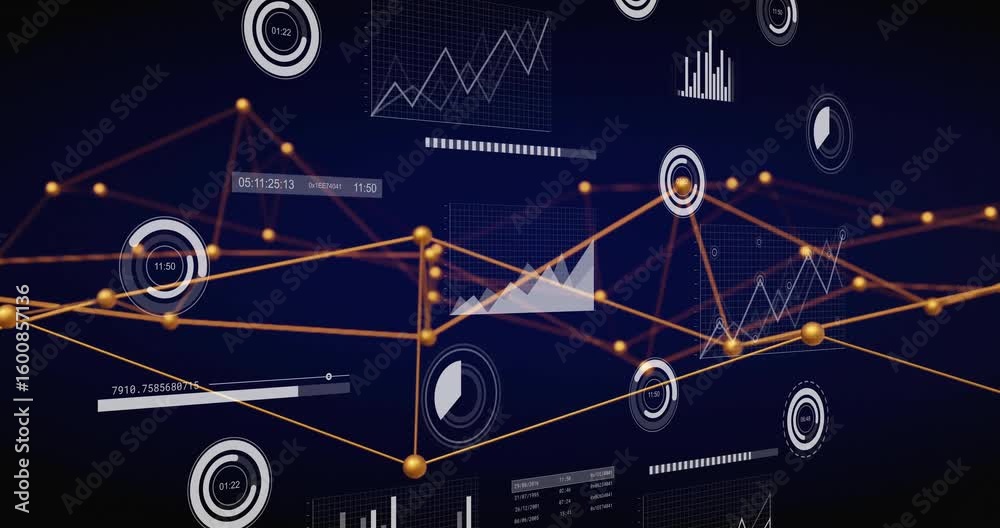Poster on revealing 3d network space, golden nodes rotating and charts updating to visualize data flow