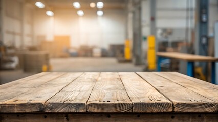 Empty rustic wooden table in a blurred industrial workshop with warm sunlight