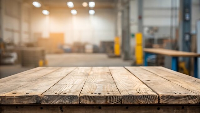 Empty rustic wooden table in a blurred industrial workshop with warm sunlight