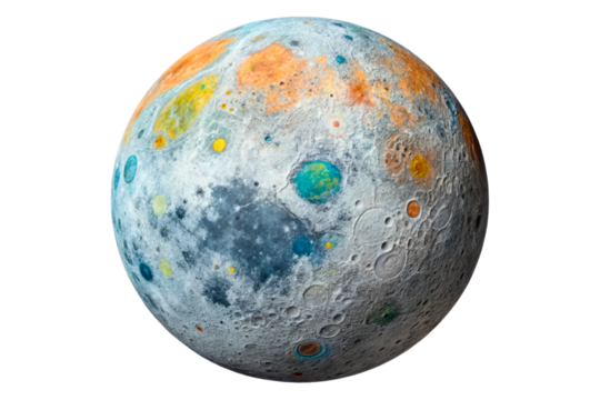 Colorful alien science fiction planet with many impact craters isolated with transparent background