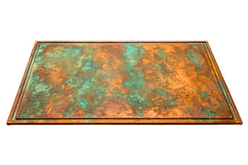 Rectangular metal plaque with a weathered green copper patina isolated with transparent background