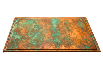 Rectangular metal plaque with a weathered green copper patina isolated with transparent background