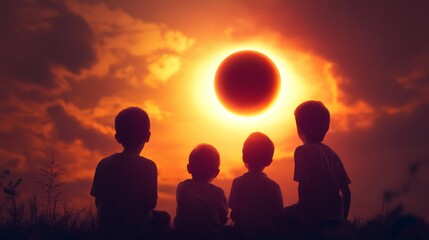 Children watch a solar eclipse at sunset.