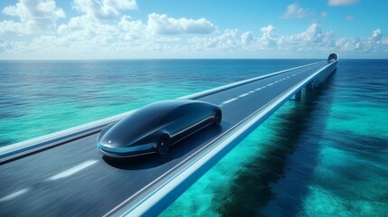 Fototapeta premium Futuristic vehicle on a sea bridge.