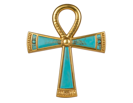 Egyptian ankh symbol with gold and turquoise detailing, isolated on a transparent background