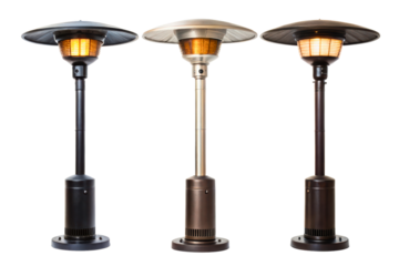 Collection of three lit gas heaters for outdoor restaurant patios isolated with transparent background