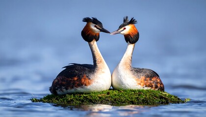 Two great crested grebes facing each other on a small, grassy islet