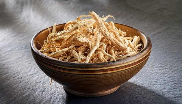 siberian ginseng root shavings in a handmade ceramic bowl with textured details
