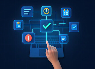 Naklejka premium Task management concept with hand pointing on check mark icon, laptop and digital icons for calendar, clock, message, alert, and checklist on dark background
