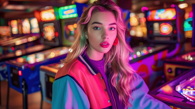 Stylish young woman with pink hair in vibrant neon-lit arcade, 80s retro aesthetic, colorful lighting, modern fashion portrait - Powered by Adobe