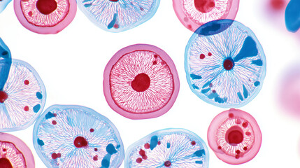 Fototapeta premium Research explores the rejuvenating effects of gold-infused blood cells, highlighting their unique structure and vibrant colors. The study focuses on cellular regeneration for youth preservation.