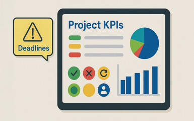 Project KPIs dashboard with colorful charts, icons, and deadline alert symbol, illustrating business performance metrics and progress tracking in clear, organized layout