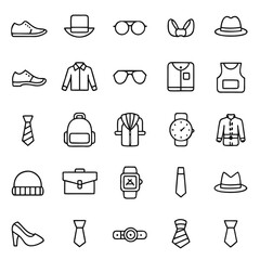 Fashion and travel vector icon set: a collection of symbols for clothing, shoes, bags, coffee, food, and hotels