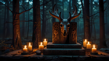 Altar in the forest. Totem for worshiping God. AI generation