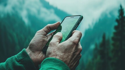 Capturing Nature's Beauty: A Close-Up of Hands Holding a Smartphone Amidst a Misty Green Forest Landscape