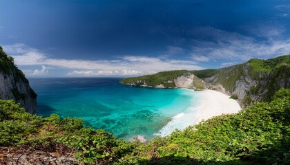 Fototapeta premium a breathtaking vista of turquoise waters lapping at pristine white sand framed by dramatic cliffs and lush greenery perfect for travel vacation and nature themes ocean exotic