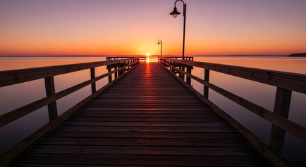 Obraz premium Serene Sunrise over Calm Water, Wooden Pier Photo
