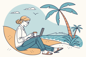 Obraz premium Woman working on a laptop sitting on a beach with palm trees and the ocean in the background scene view
