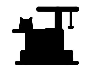 Silhouette of cat relaxing on cat tree with hanging toy ball