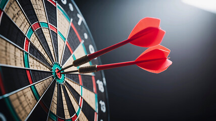 Dart hitting target on white background with dartboard and darts showing accuracy and success