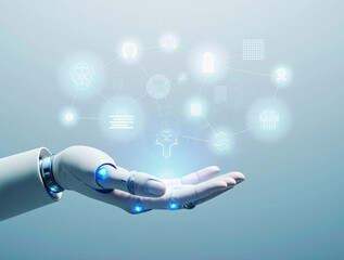  Futuristic white humanoid robot hand interacting with floating AI icons on a soft blue gradient background, symbolizing advanced artificial intelligence and digital connection.
