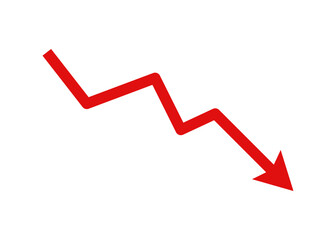 Red downward jagged arrow icon symbolizing decline, loss, negative trend, financial drop, and business decrease