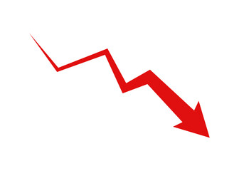 Red downward jagged arrow icon symbolizing decline, loss, negative trend, financial drop, and business decrease