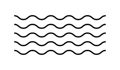 Horizontal black wavy, zigzag, and sinusoidal line patterns in different styles representing water, waves, vibration, or signal flow concepts