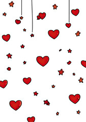 Red hearts and stars falling on black background