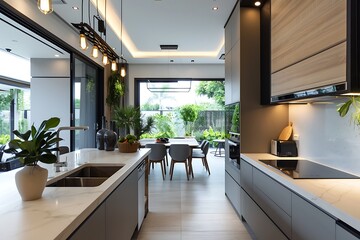 Modern kitchen and dining area with a garden view, featuring sleek gray cabinetry and marble countertops