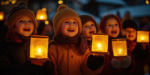 Joyful children singing traditional songs while carrying glowing lanterns during a St. Martin's Day night walk, surrounded by families and warm community spirit. Banner with copy space
