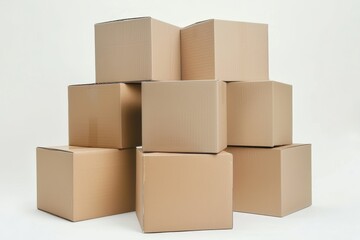 Neatly stacked eco friendly cardboard packaging boxes on a crisp white background