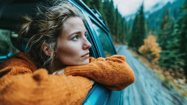 Woman leaning out car window looking at forest road in autumn wearing warm orange sweater.