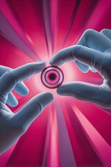 two hands wearing coverings delicately hold up a circular object in the center