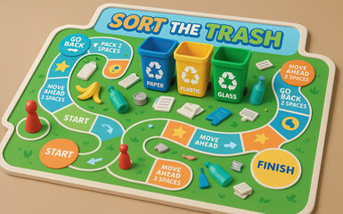 Sorting trash game board with colorful bins for paper plastic and glass promotes waste management and sustainability education in fun engaging way for all ages