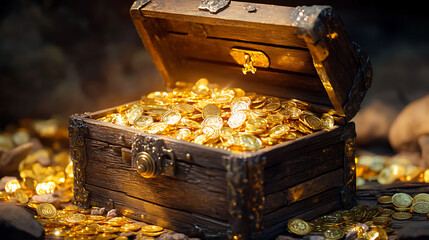  An open wooden treasure chest overflowing with shiny gold coins and jewels 