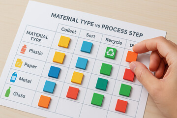 Material type and process step chart with colorful blocks showing waste management and sustainability efforts in recycling and disposal for plastic paper metal and glass