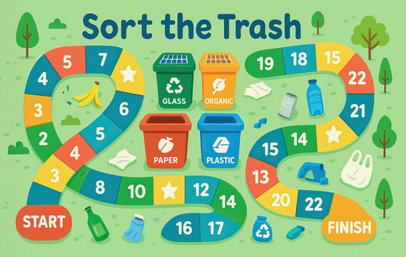 Sort trash game board with colorful recycling bins for glass, organic, paper, and plastic waste promoting sustainability and waste management education for children in playful way