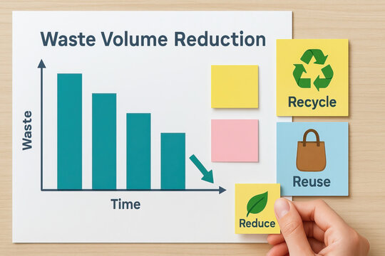 Waste management and sustainability focus on waste volume reduction through recycle reuse and reduce practices promoting environmental care and resource efficiency