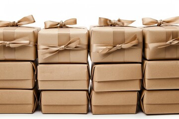 Neatly stacked eco friendly cardboard packaging boxes on a crisp white background