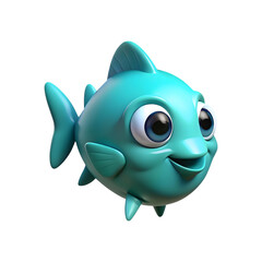 Cute cartoon teal fish with big eyes isolated on transparent background