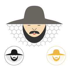 Beekeeper in hat vector illustration. Minimalistic illustration of beekeeper with mustache and beard in uniform.