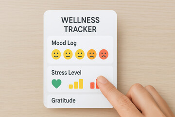 Wellness tracker with mood log and stress level indicators helps support mental health and wellness by encouraging goal setting and emotional awareness for better daily balance