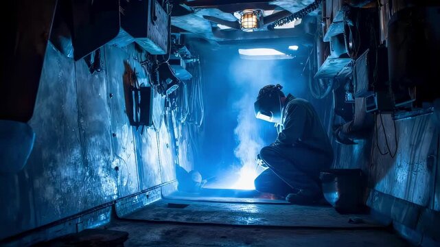 A welder using a torch to fuse metal plates together while crouched inside a narrow passage of the ship the walls adorned with the rough textures of unrefined steel and tools hanging