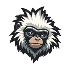 Unique stylized depiction of a fierce looking gibbon head with bold colors and sharp details